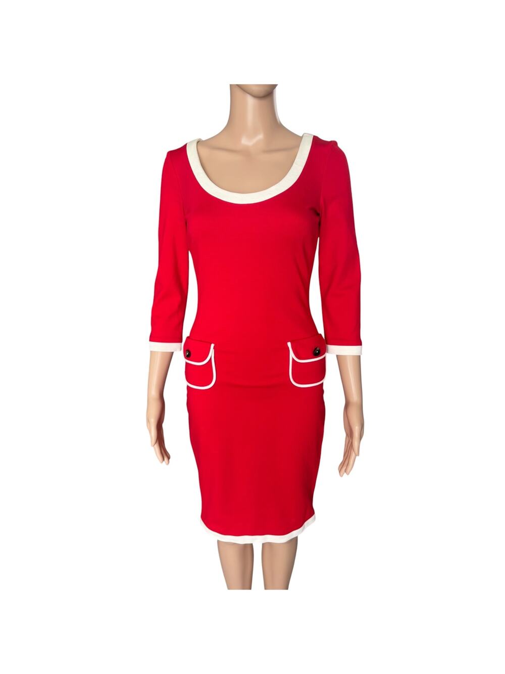 Retro Euro Pinup Mod Sheath Midi Dress Red White EU 34/S Secretary Office Career